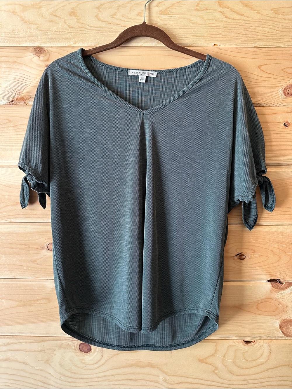 Green Envelope Split Tie Sleeve V-Neck Knit Tee Top Soft Teal Green Size XS
